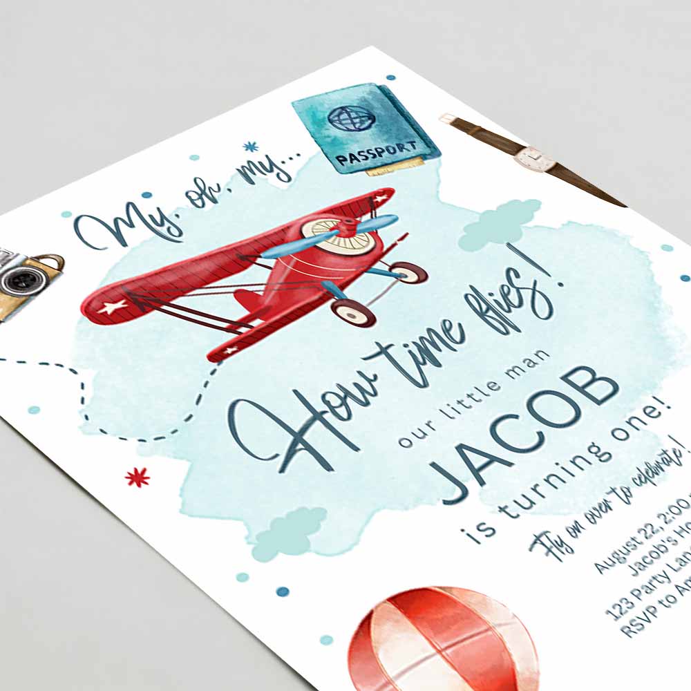 Airplane Birthday Invitation, Oh My Time Flies Red Airplane Invitation, Travel