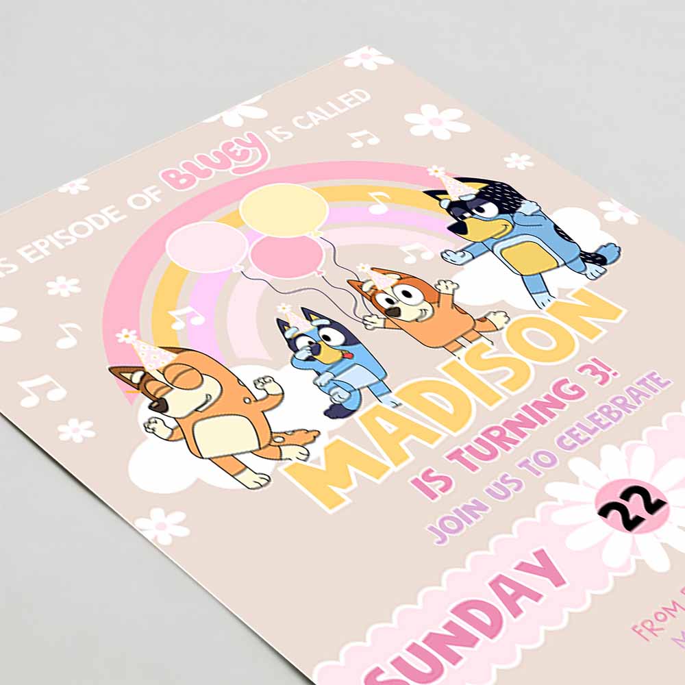 Baby Bluey Party Invites, Bluey Pink Yellow Blue Girl 3rd Party Birthday Invitation, Bluey Party Invitation