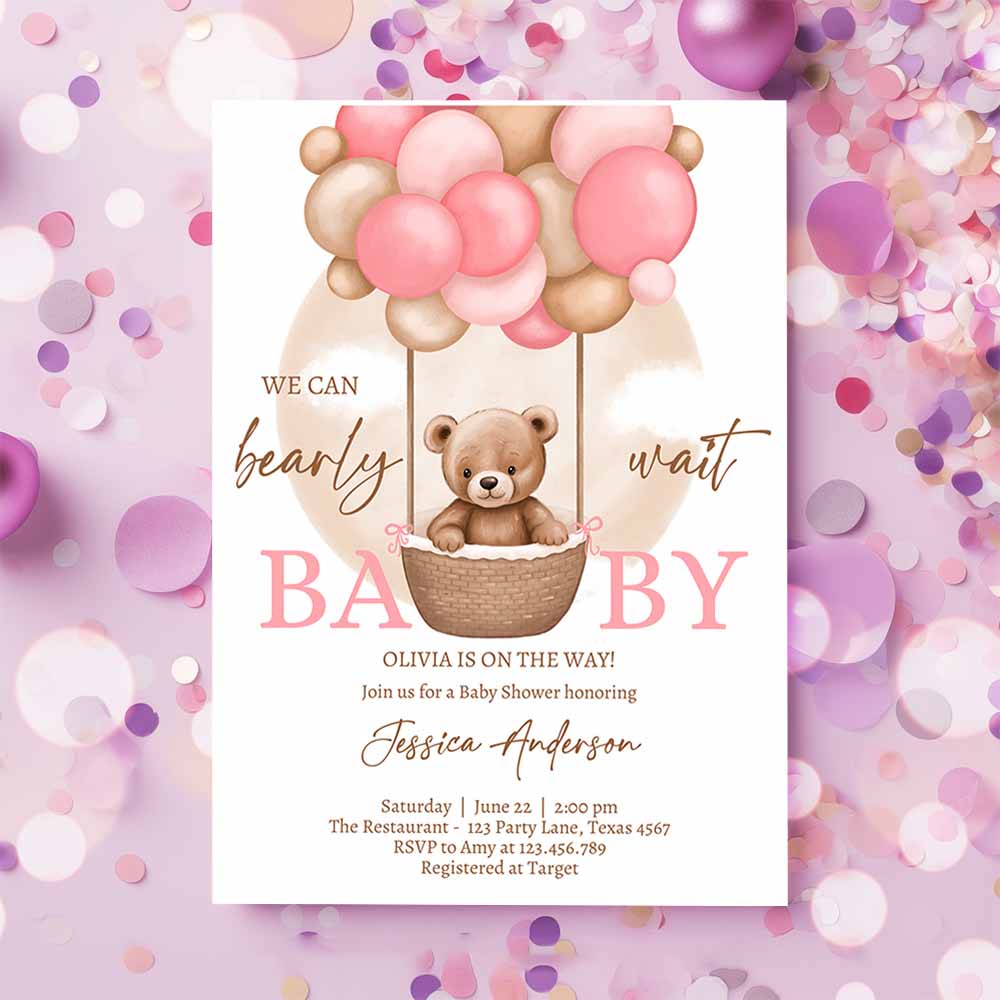 Bear Balloon Baby Shower Invitation, We Can Bearly Wait Baby Shower Invite