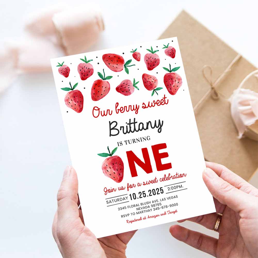 Berry First Birthday Invitation Modern Strawberry Invitation Strawberry Birthday