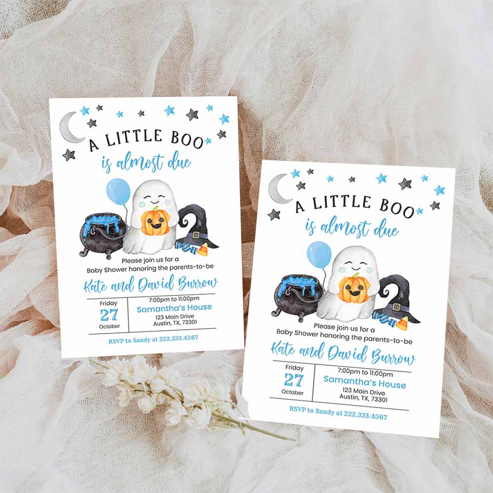 Blue A Little Boo Baby Shower Invitation, Bundle, Boy Halloween Baby Shower Invite