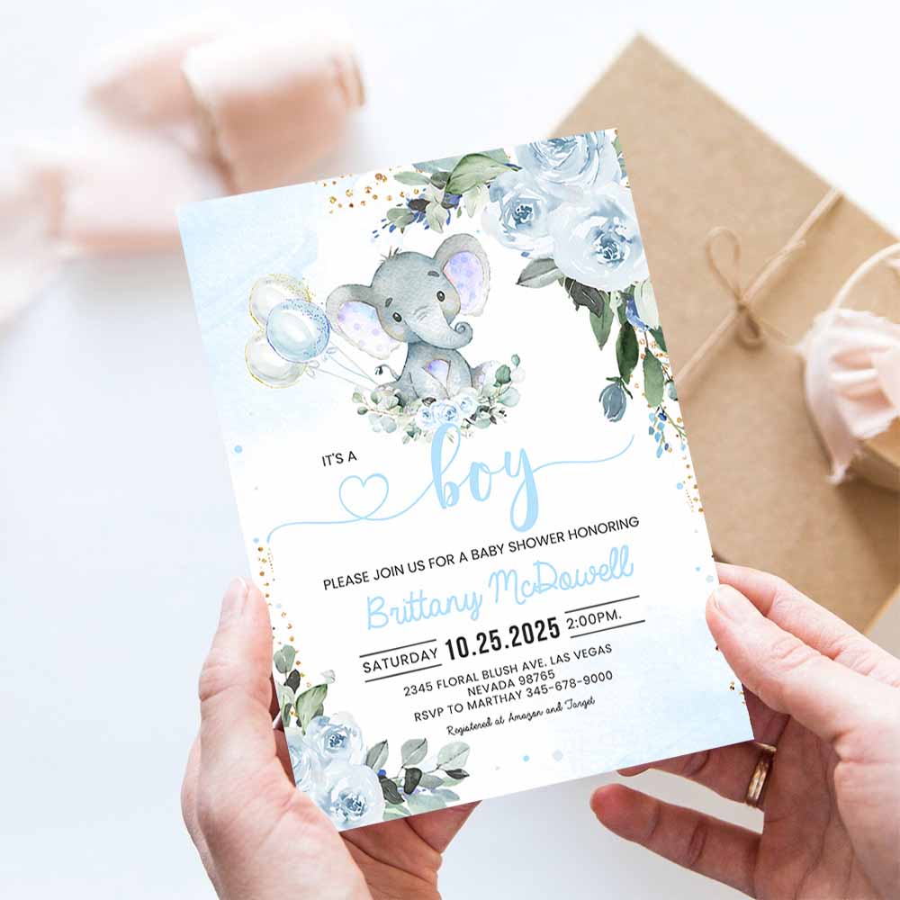 Blue Elephant Baby Shower Invitation Boy Baby Shower Elephant Invite