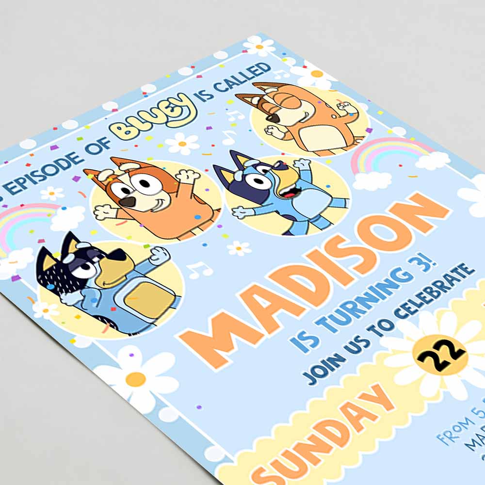 Bluey Birthday Invitation, Cartoon Bluey Pink Yellow Girl 3rd Party Birthday Invitation, Bluey Party Invitation