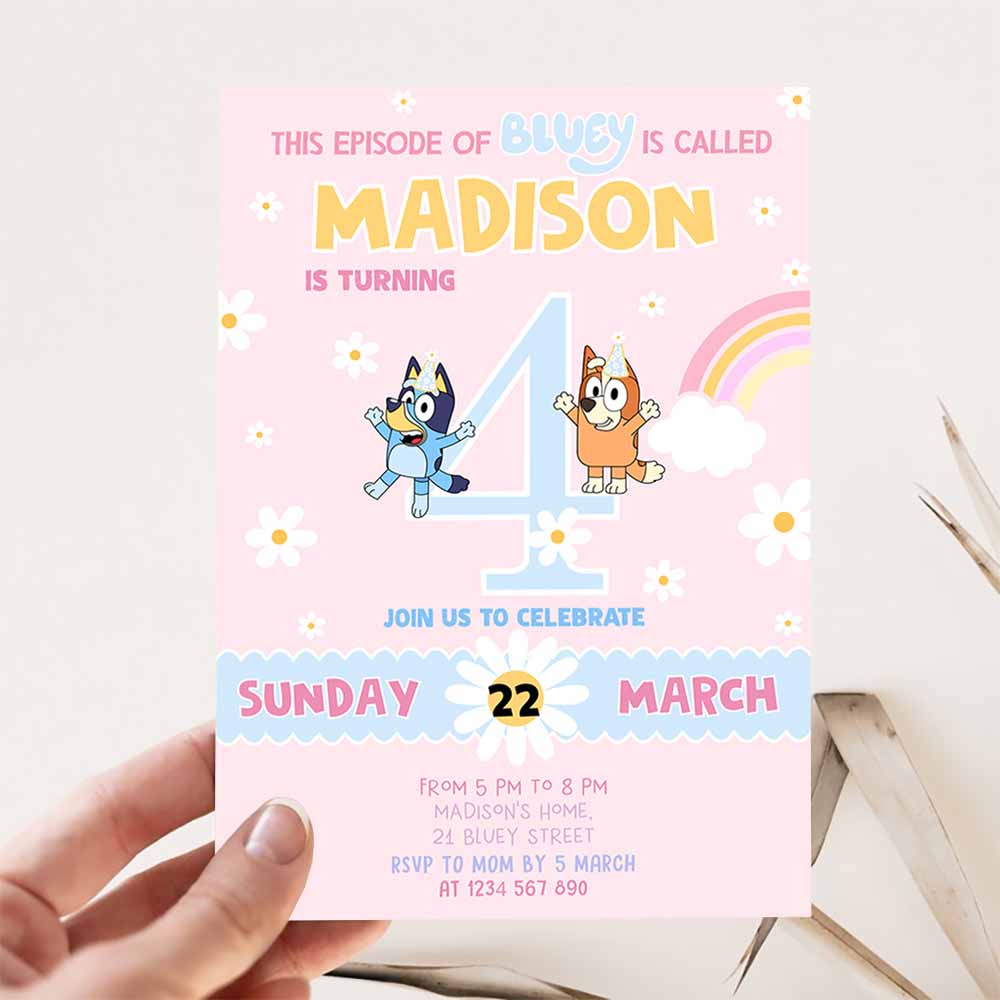 Bluey Girl Party Birthday Invitation, 4th Bluey Party Invitation, Party Girl Invite