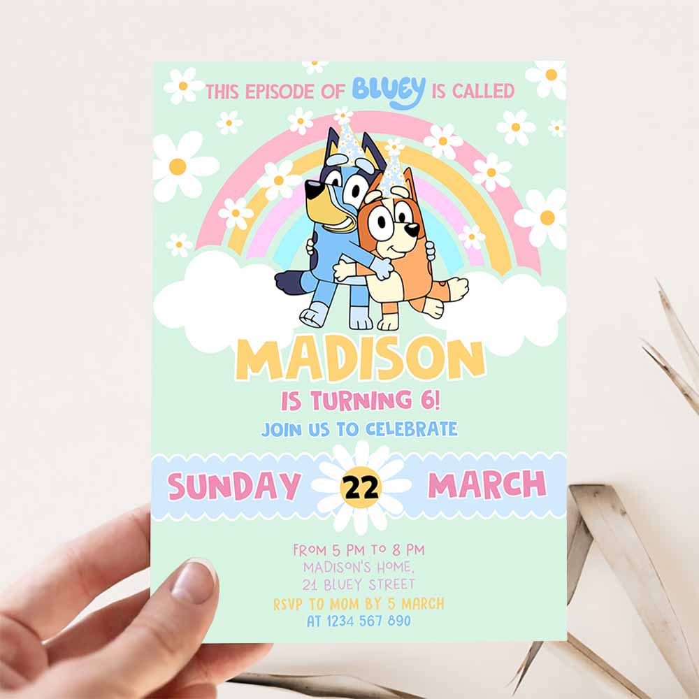 Bluey Girl Party Birthday Invitation, 6th Bluey Party Invitation, Party Girl Invite