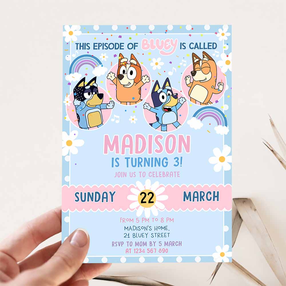 Bluey Party Birthday Invitation, 3rd Bluey Party Invitation, Cute Bluey Girl Party