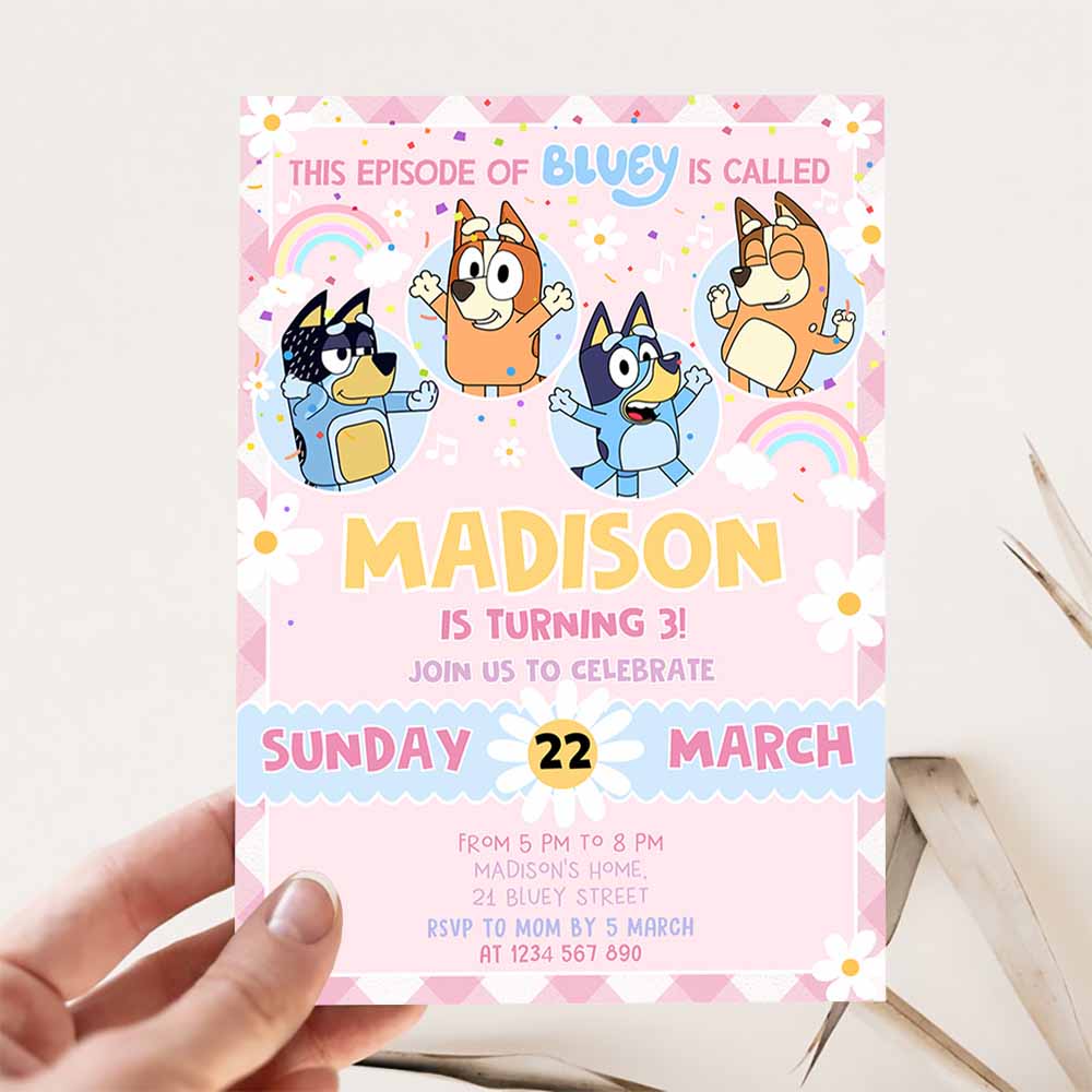 Bluey Party Birthday Invitation, Bluey Pink Yellow Girl 3rd Party Birthday Invitation, Bluey Party Invitation