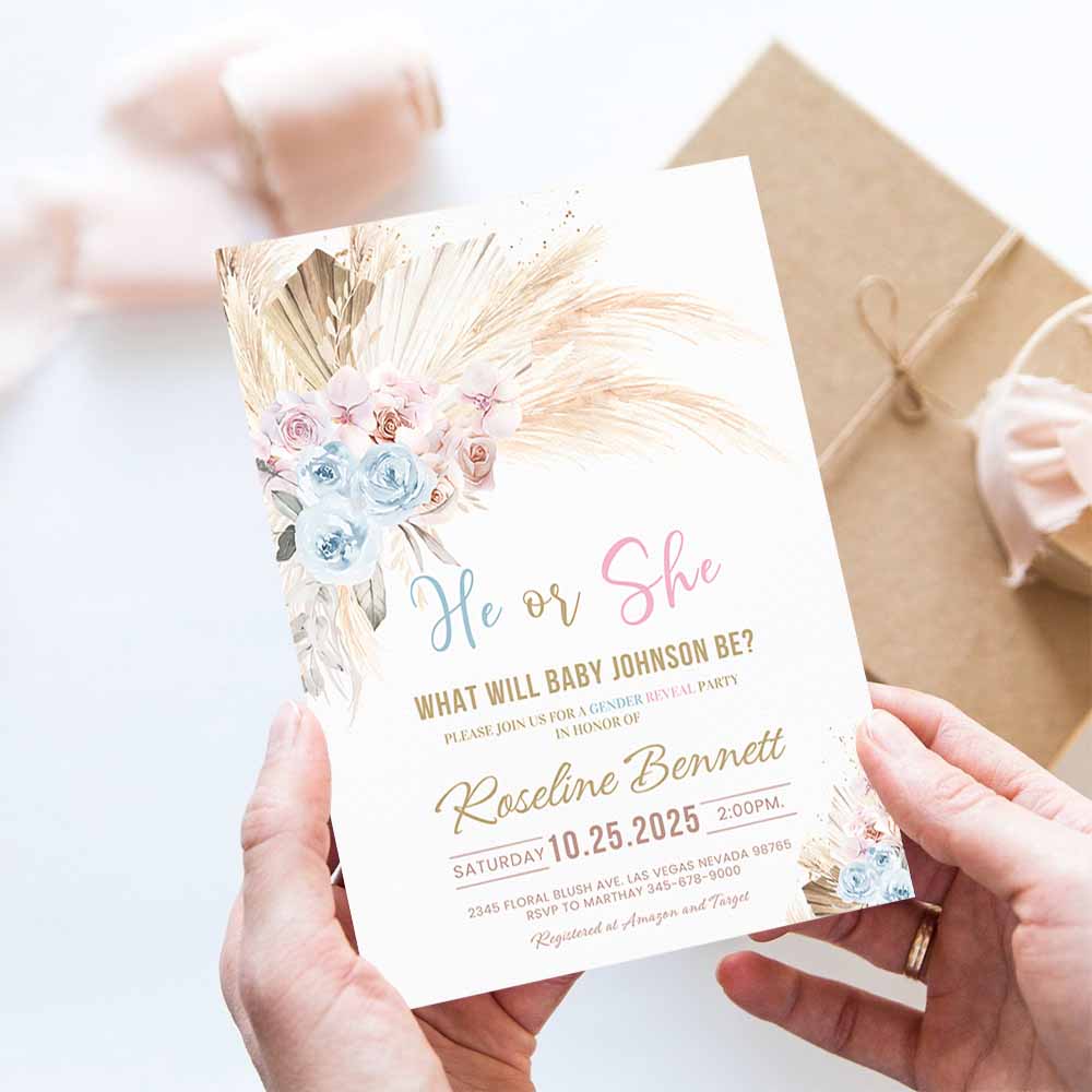 Boho Pampas Grass Baby Shower Invitation Bohemian Gender reveal Invites Tropical Desert Boy Baby Shower