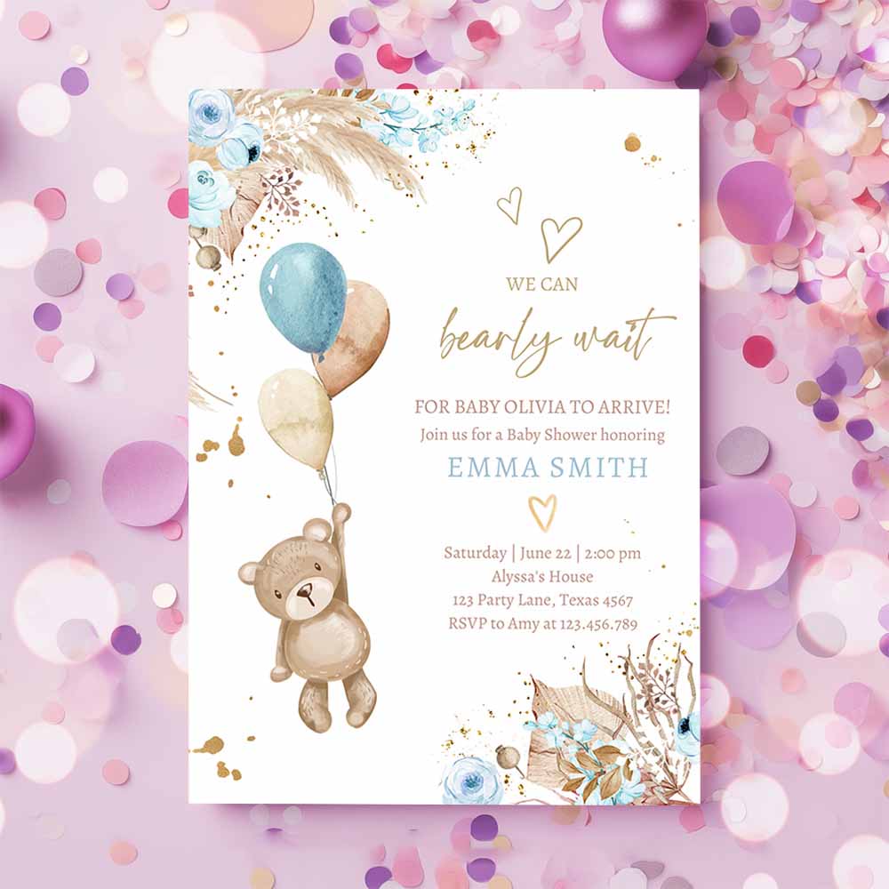 Boho Teddy Bear Baby Shower Invitation, We can Bearly Wait Boy Blue Bohemian Pampas Grass