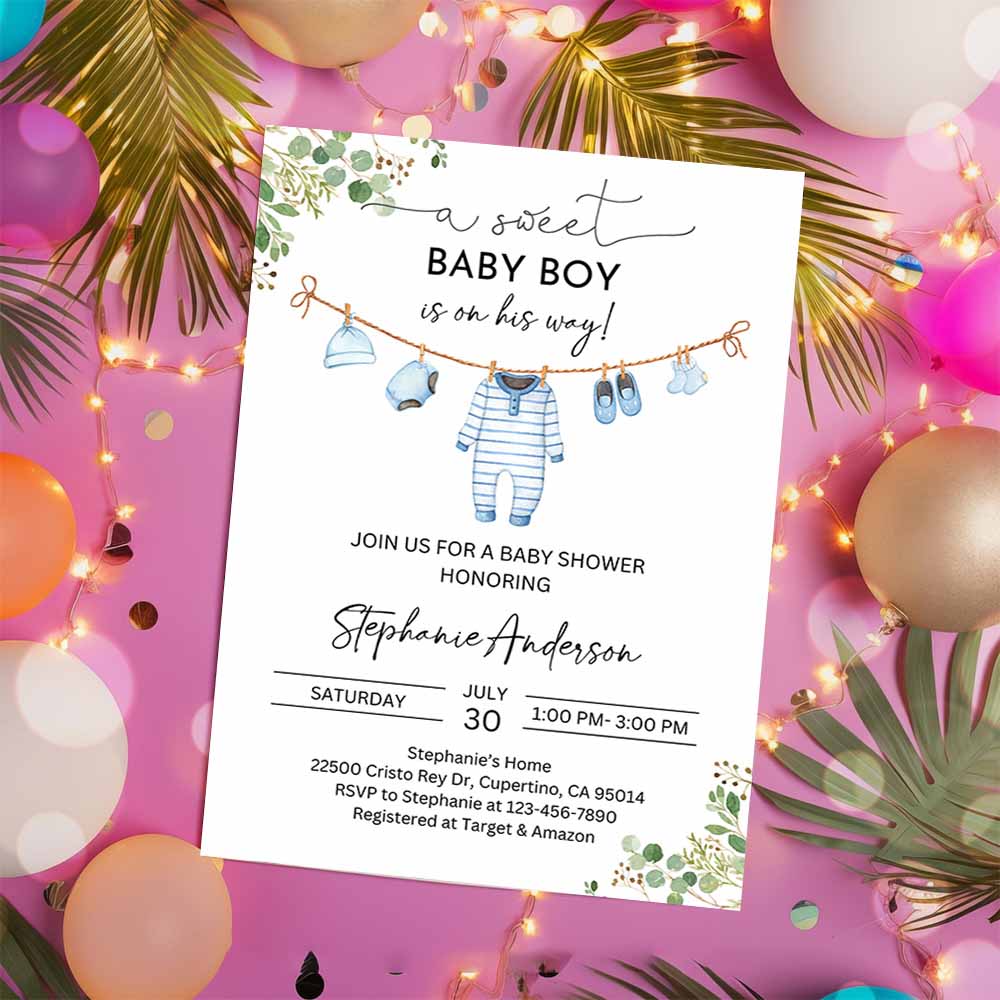 Boy Baby Shower Invitation, Baby Clothes Invite A sweet baby boy is on his way Laundry Blue Greenery