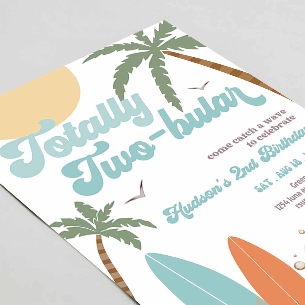 Boy Surf Surfing 2nd Birthday Totally Two-bular Modern Minimal Surfboard Beach Party Invitation