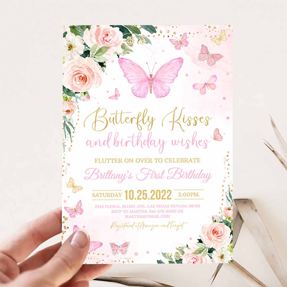 Butterfly Birthday Invitation, Girl 1st Birthday Invite First Butterfly Kisses Pastel Birthday