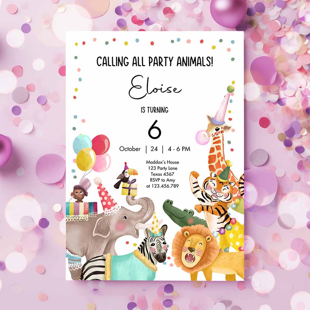 Calling All Party Animals Birthday Invitation, Wild One Jungle Zoo Safari Animals Boy Girl