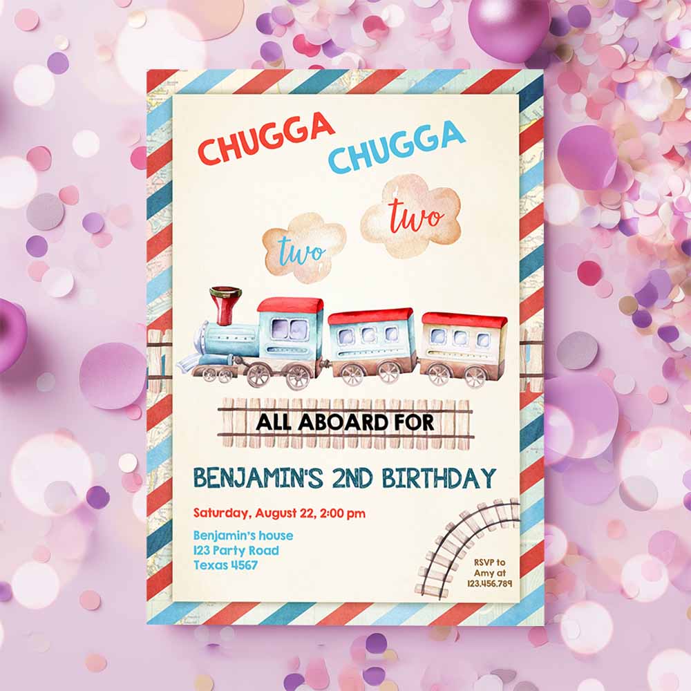 Chugga Chugga Two Two Train Birthday Invitation, Vintage Choo Choo Train Party