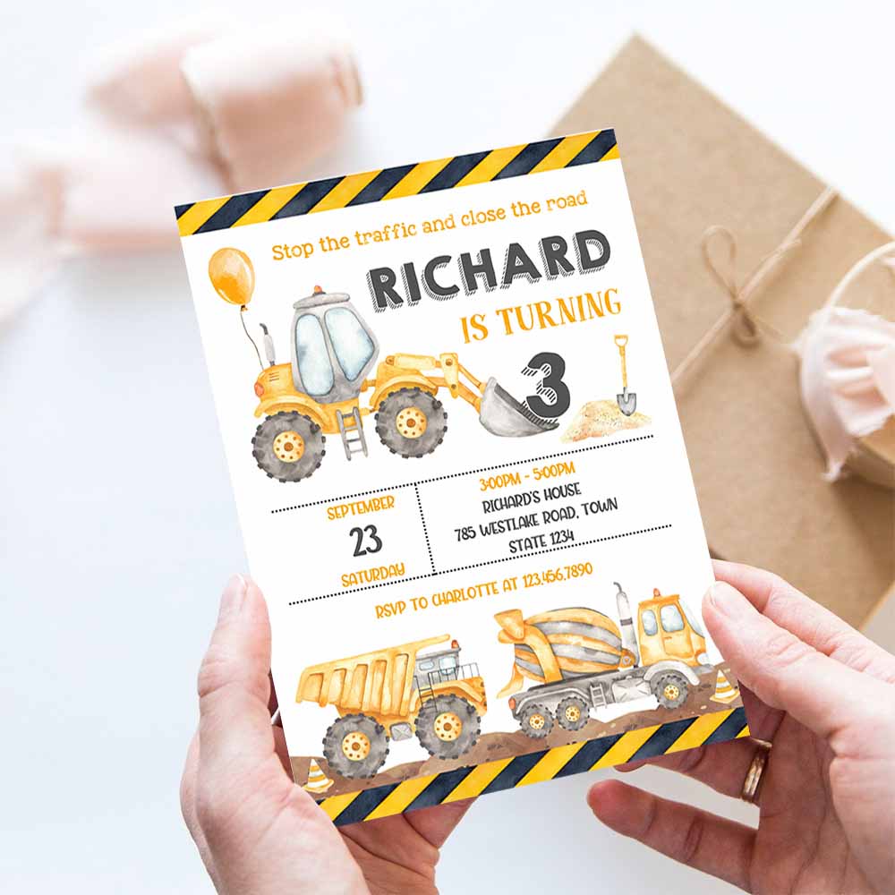 Construction 3rd Birthday Party Invitation, Construction Theme Invitation, Construction Invite