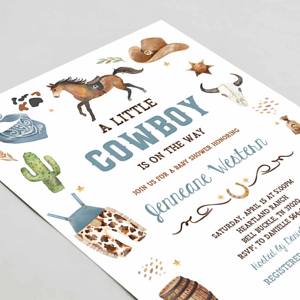 Cowboy Baby Shower Invitation, Blue Little Cowboy Invite Wild West Theme Ranch It's a Boy