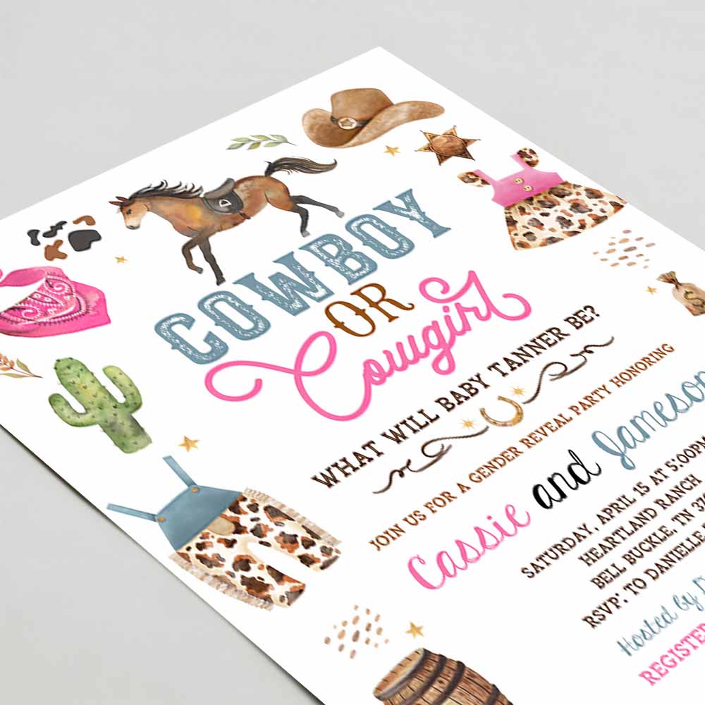 Cowgirl or Cowboy Gender Reveal Invitation, Boy or Girl Wild West Baby Shower Invite