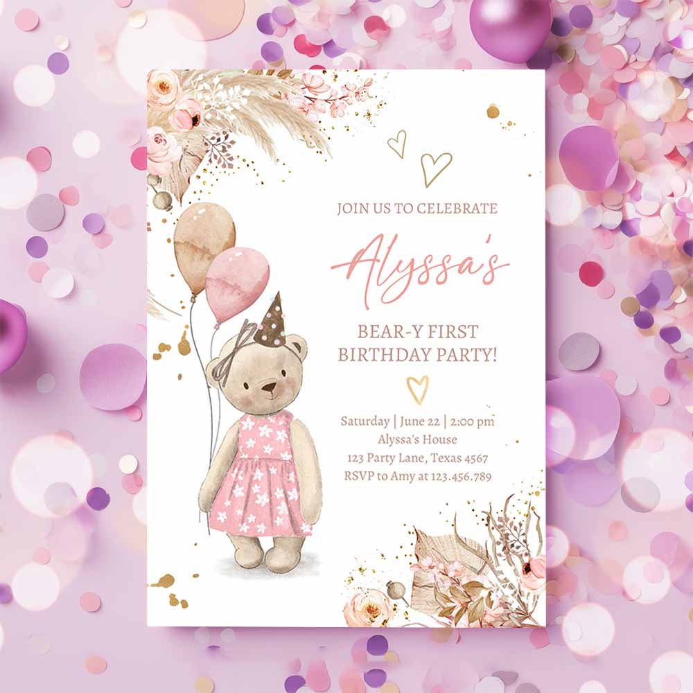 Cute Teddy Bear 1st Birthday Invitation, Girl Boho Teddy Bear Picnic Summer Beary First One