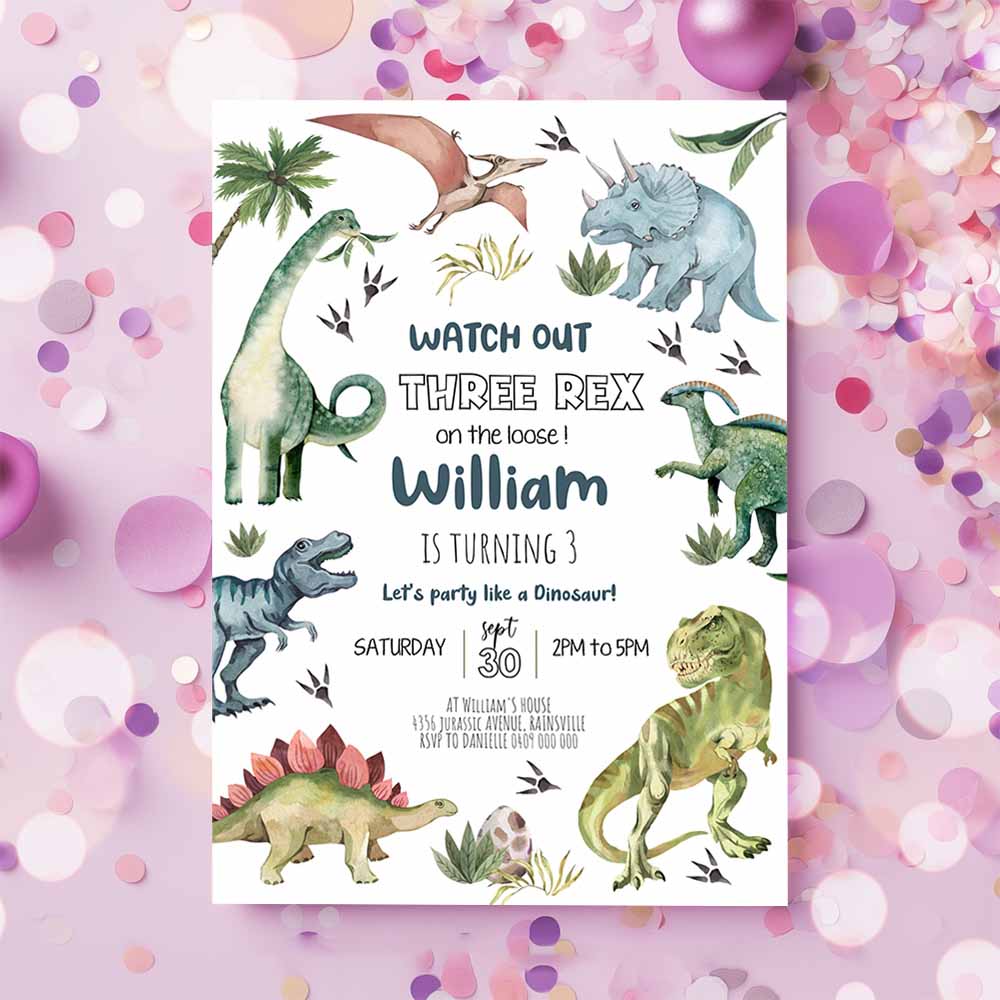 DINOSAUR BIRTHDAY Invitation, Girl Three Rex Party Invitation, Digital Dinosaur Invitation