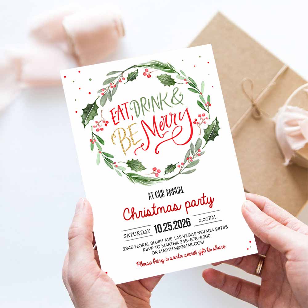 Eat Drink and Be Merry Christmas Party Invitation Holiday Party Invites Annual Holiday Party