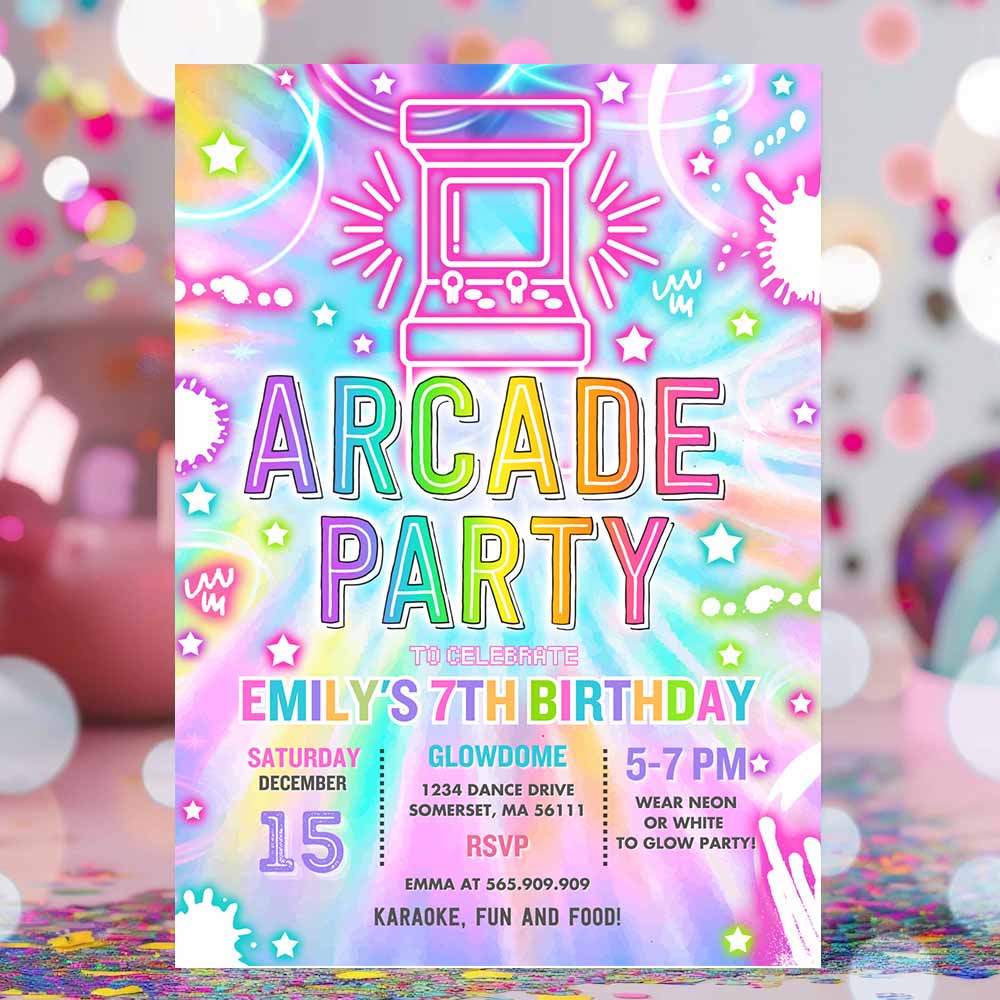 Arcade Party Birthday Invitation Tie Dye Neon Video Gaming Arcade Birthday Party Neon Glow Gaming Party