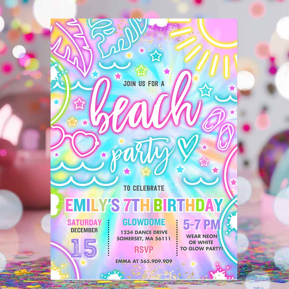 Beach Birthday Party Invitation Glow Neon Tie Dye Summer Summer Beach Boat Party Birthday Party