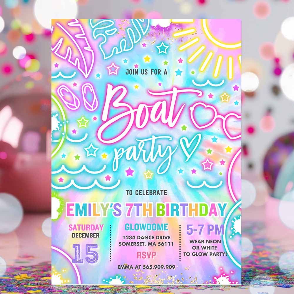 Boat Birthday Party Invitation Glow Neon Tie Dye Summer Summer Lake Boat Party Birthday Party