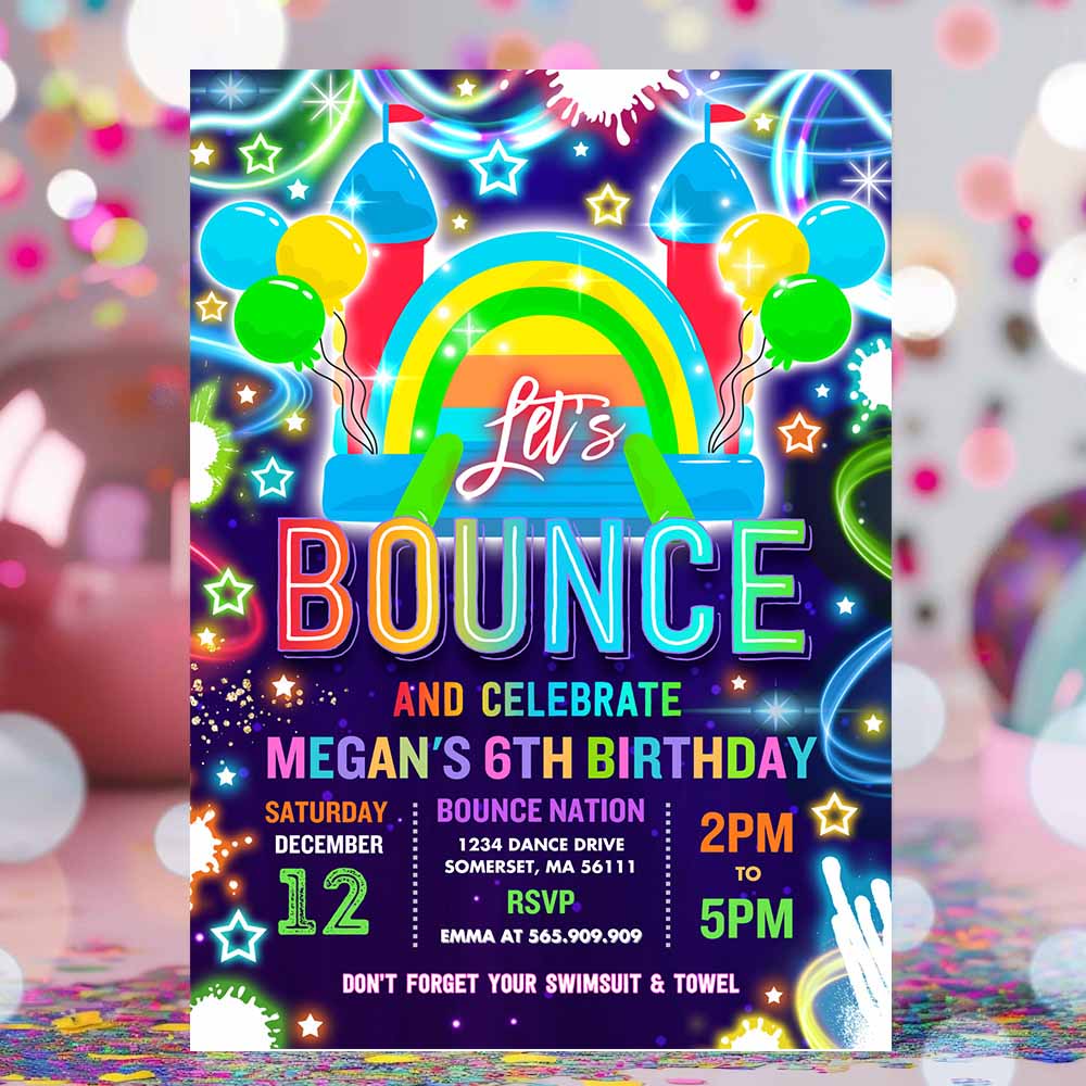 Bounce House Birthday Party Invitation Neon Glow Bouncy Castle Party Bounce Jump And Play Birthday Party