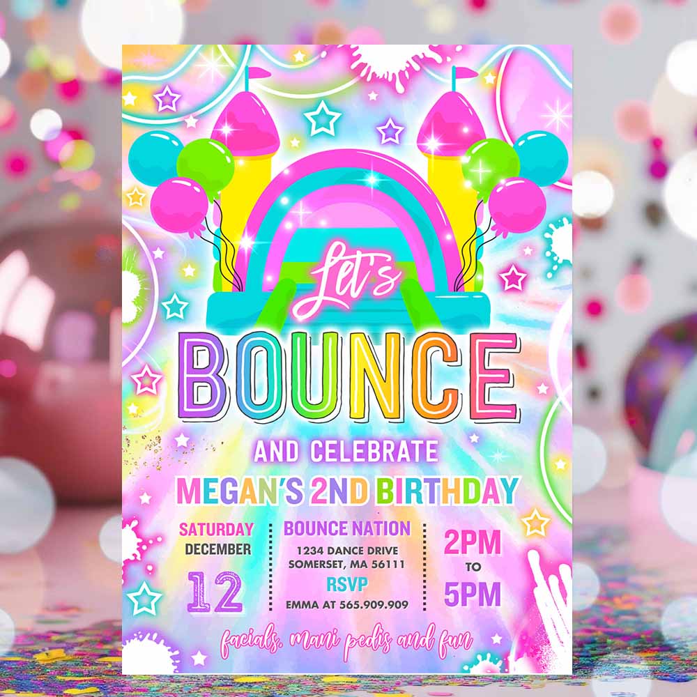 Bounce House Birthday Party Invitation Neon Glow Tie Dye Bouncy Castle Party Bounce Jump & Play Birthday Party