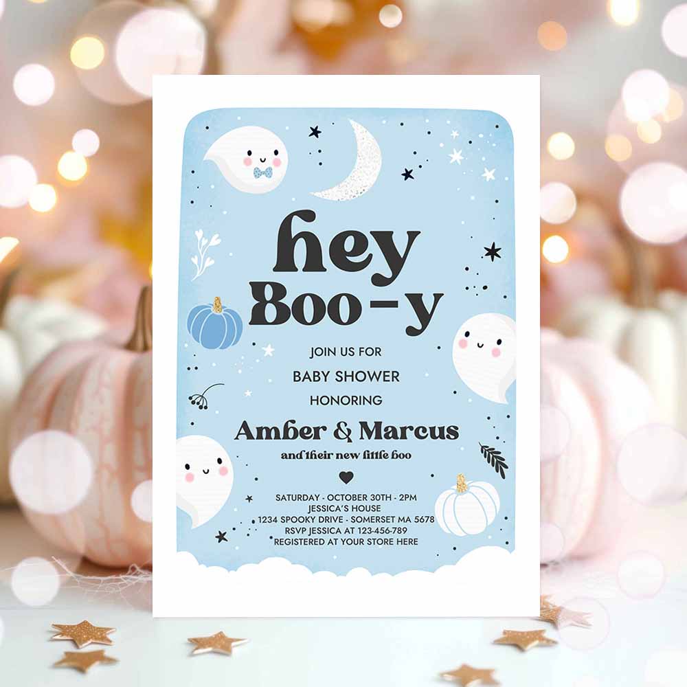 Boy Ghost Baby Shower Invitation Hey Boo-y Cute Blue Ghost Baby Shower Little Boo Ghost Halloween Baby Shower