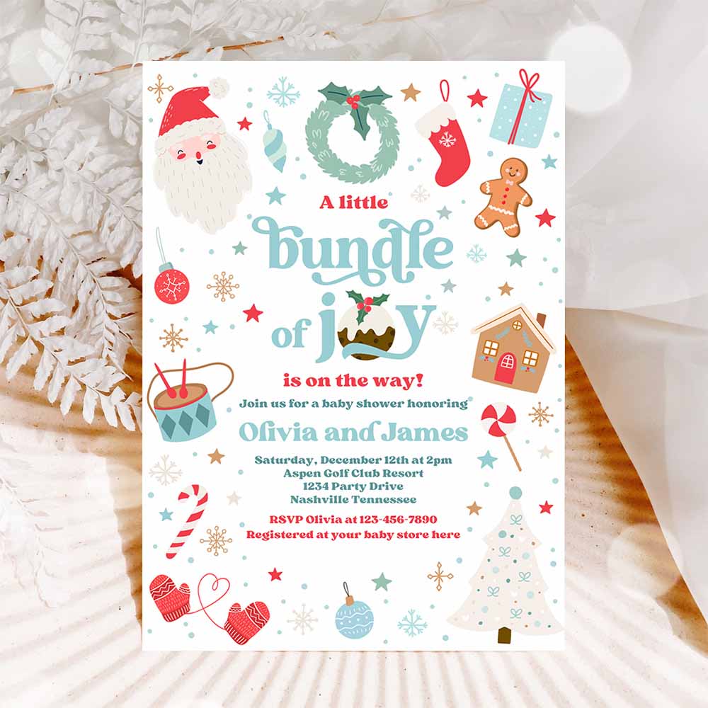 Bundle Of Joy Baby Shower Invitation Christmas Baby Shower Invite Santa Baby Shower Boy Blue Christmas Shower