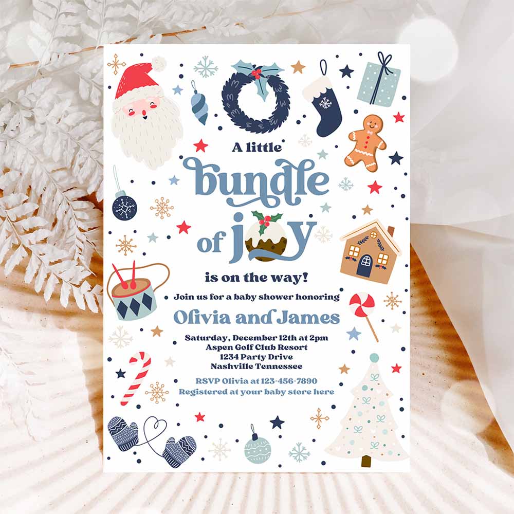 Bundle Of Joy Baby Shower Invitation Christmas Baby Shower Invite Santa Baby Shower Boy Blue Christmas Shower