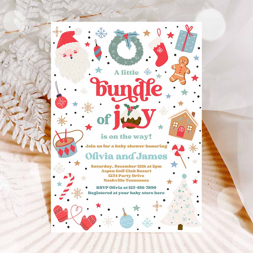 Bundle Of Joy Baby Shower Invitation Christmas Baby Shower Invite Santa Baby Shower Boy Blue Christmas Shower