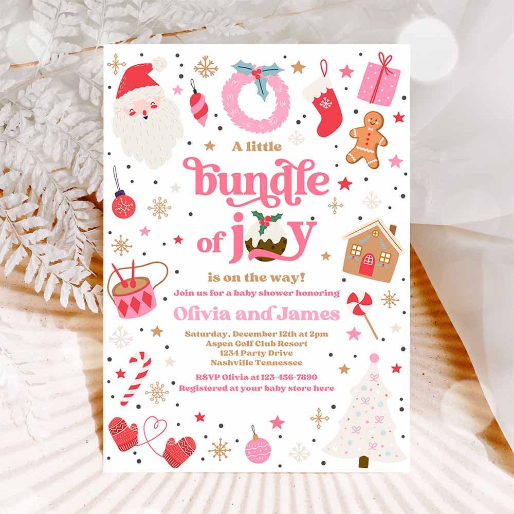 Bundle Of Joy Baby Shower Invitation Christmas Baby Shower Invite Santa Baby Shower Pink Girl Christmas Shower