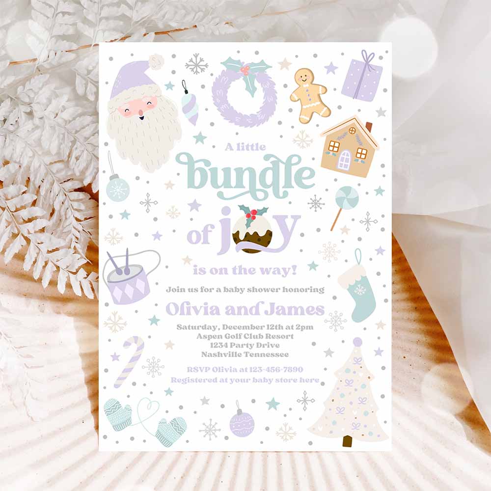 Bundle Of Joy Baby Shower Invitation Christmas Baby Shower Invite Santa Shower Purple Girl Christmas Shower