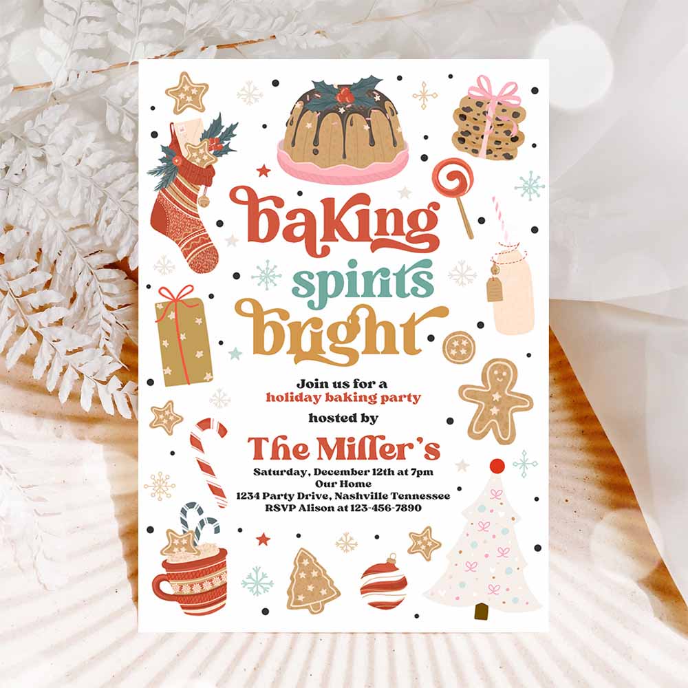 Christmas Baking Party Invitation Baking Spirits Bright Cookie Decorating Party Holiday Gingerbread Cookie