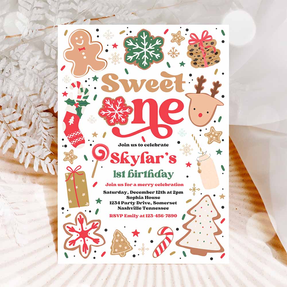 Christmas Birthday Invitation Holiday Cookie Party 1st Birthday Party Sweet One Christmas 1st Birthday Party