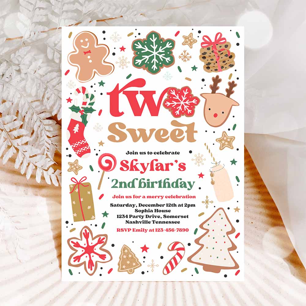 Christmas Birthday Invitation Holiday Cookie Party 2nd Birthday Party Two Sweet Christmas 2nd Birthday Party