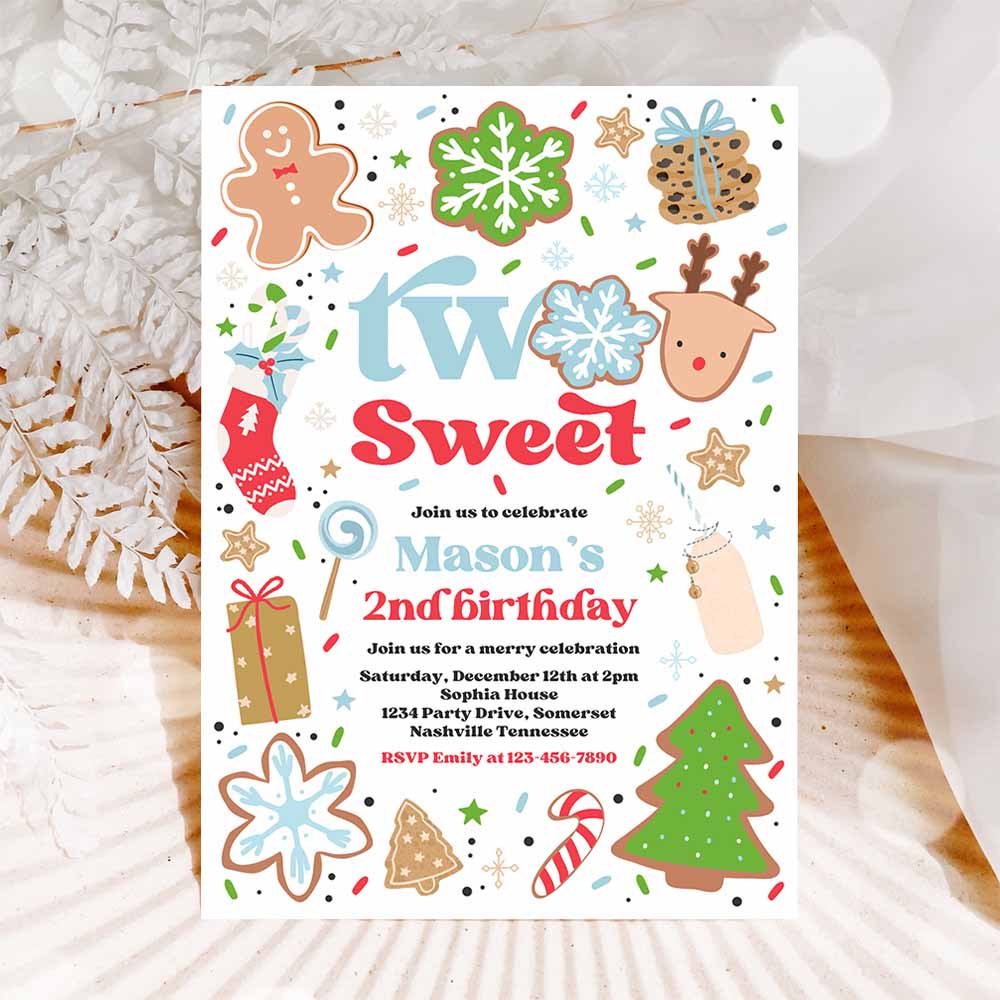 Christmas Birthday Invitation Holiday Cookie Party 2nd Birthday Party Two Sweet Christmas 2nd Birthday Party