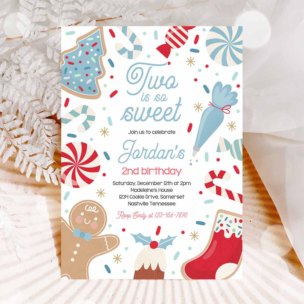 Christmas Birthday Invitation Holiday Cookie Party 2nd Birthday Party Two Sweet Christmas 2nd Birthday Party