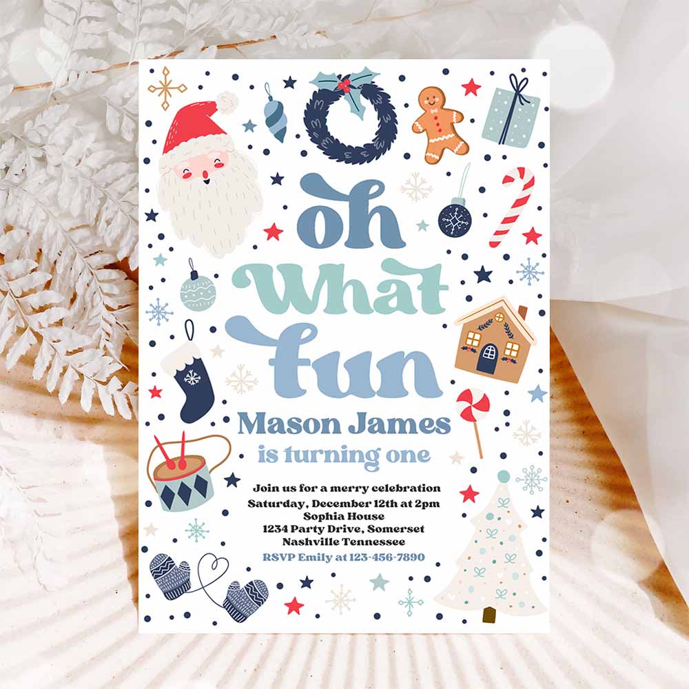 Christmas Birthday Invitation Oh What Fun Christmas Birthday Party Blue And Red Christmas Birthday Party