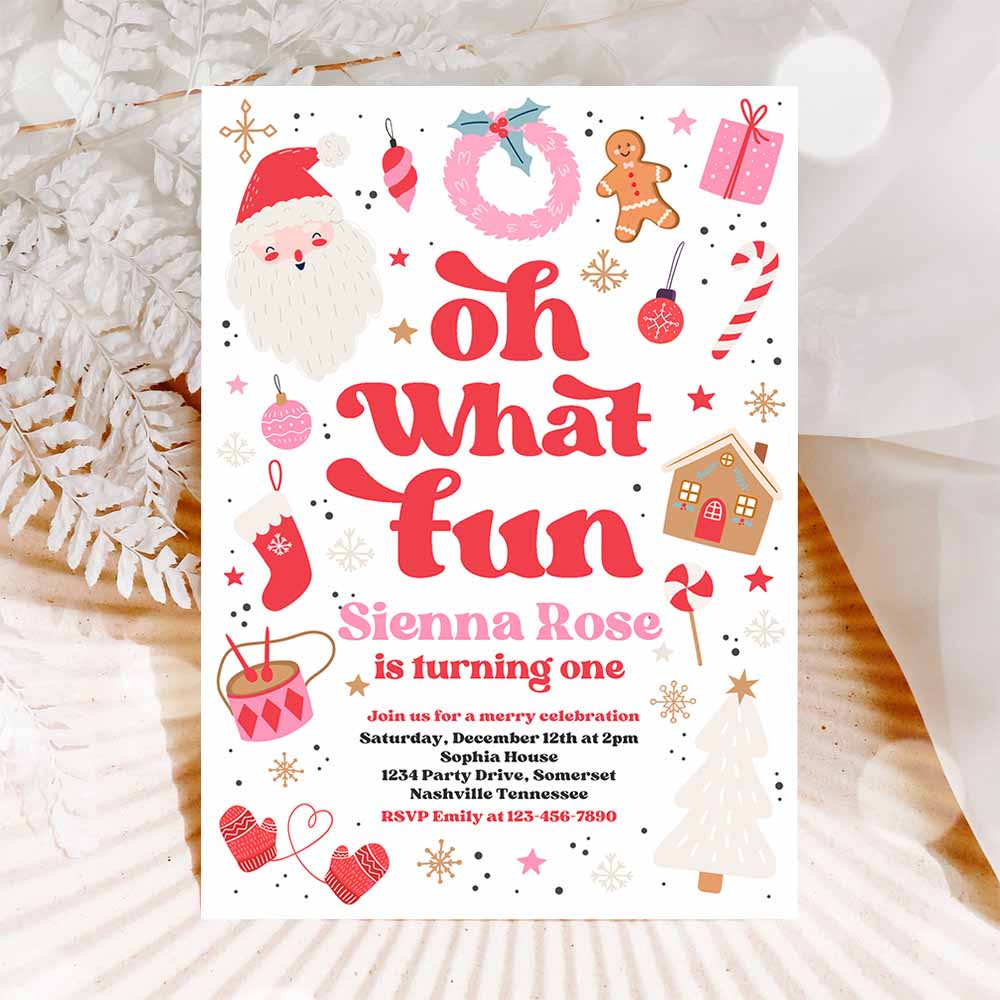 Christmas Birthday Invitation Oh What Fun Christmas Birthday Party Red And Pink Girl Christmas Birthday Party