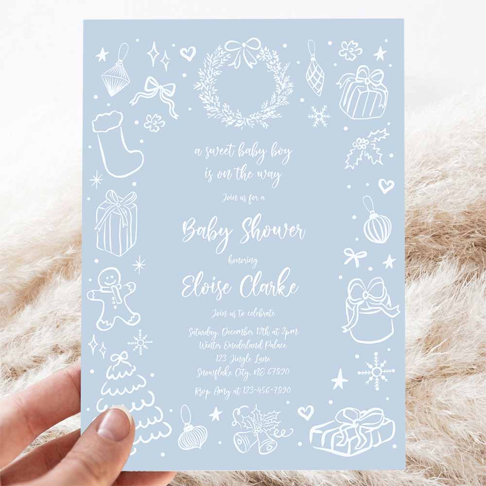 Christmas Boy Baby Shower Invitation Winter Boy Hand Drawn Christmas Baby Shower Invite Holiday Baby Shower