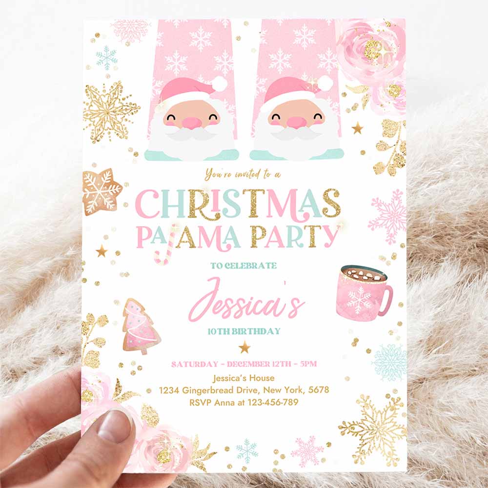 Christmas Pajama Birthday Invitation Girly Pink Gold Floral Slumber Party Invitation Holiday Pajama Party