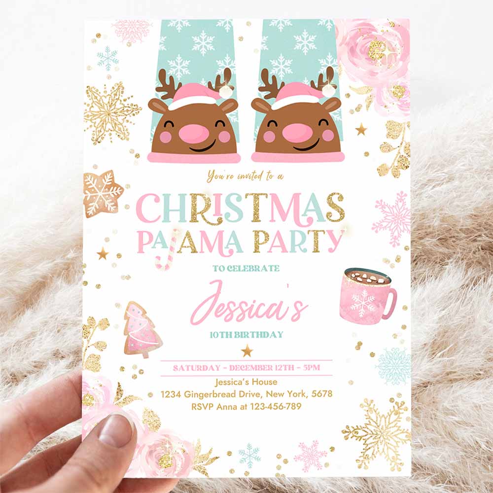 Christmas Pajama Birthday Invitation Girly Pink Gold Slumber Party Invitation Holiday Pajama Party