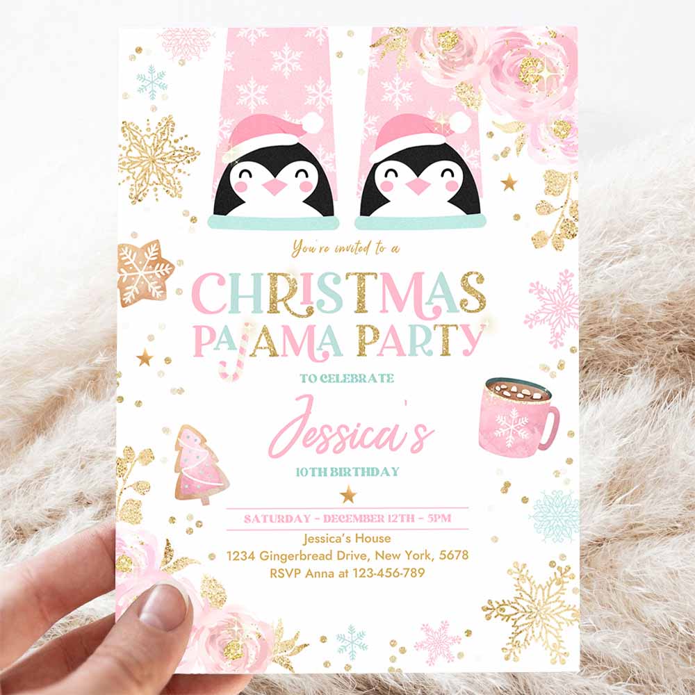 Christmas Pajama Birthday Party Invitation Girly Pink Gold Floral Slumber Party Invitation Holiday Pajama Party