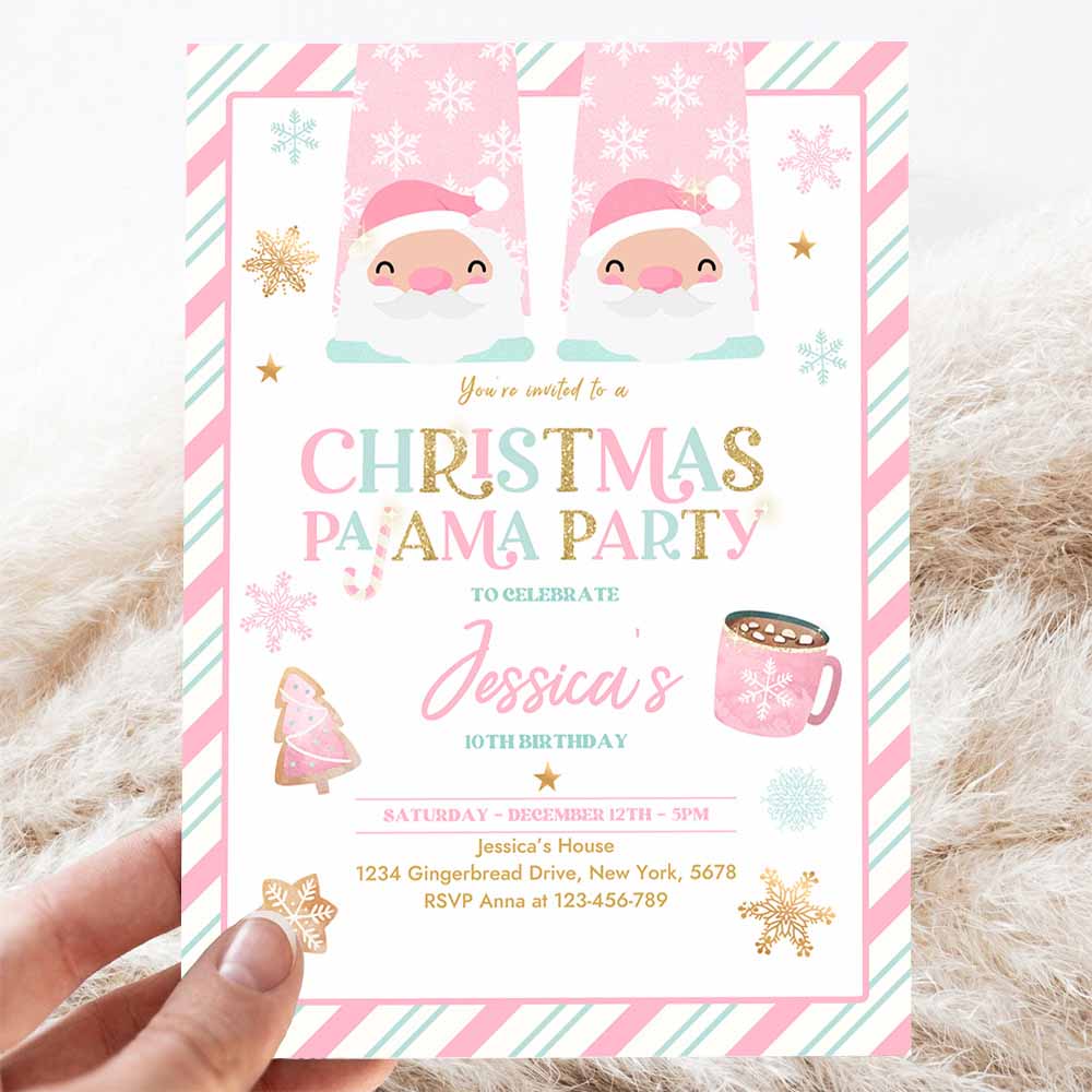 Christmas Pajama Birthday Party Invitation Girly Pink Gold Slumber Party Invitation Holiday Pajama Party