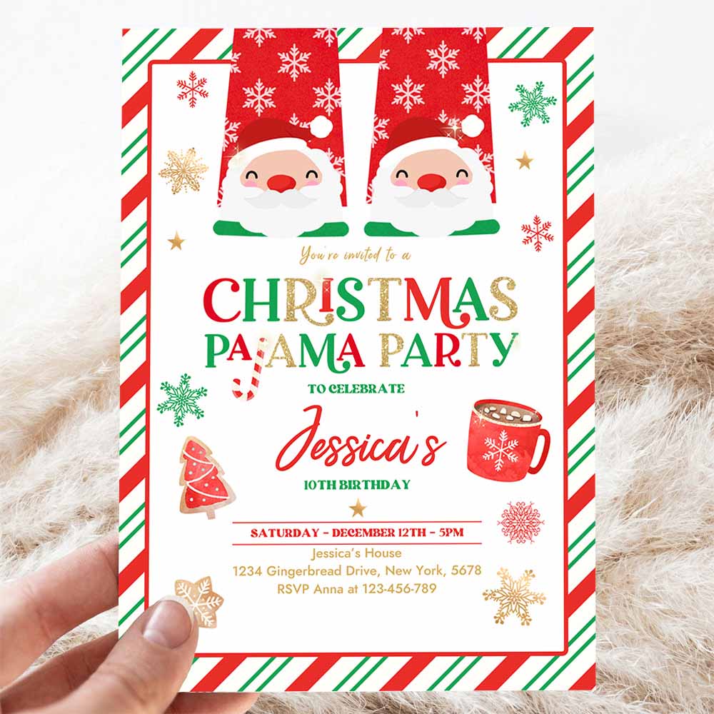 Christmas Pajama Birthday Party Invitation Red And Gold Christmas Slumber Party Invitation Holiday Pajama Party