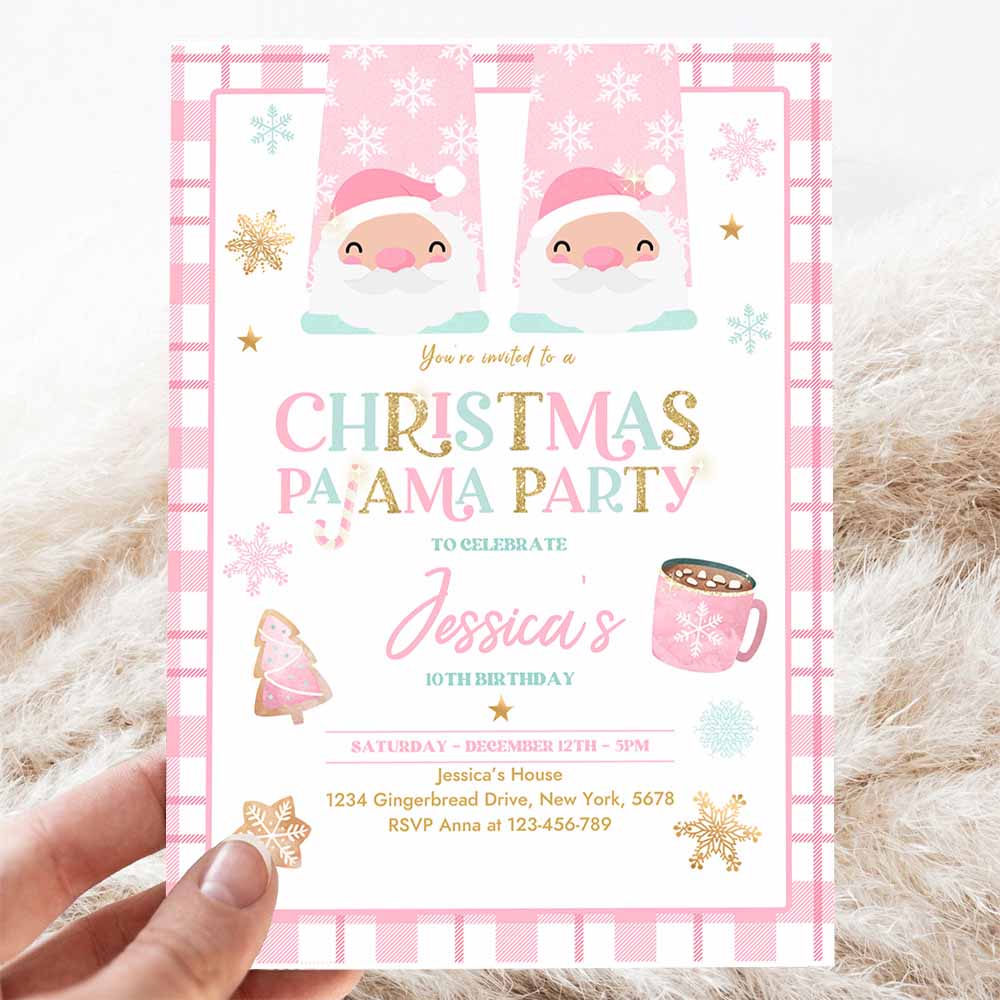 Christmas Pajama Birthday Party Invite Girly Pink Gold Slumber Party Invitation Holiday Pajama Party