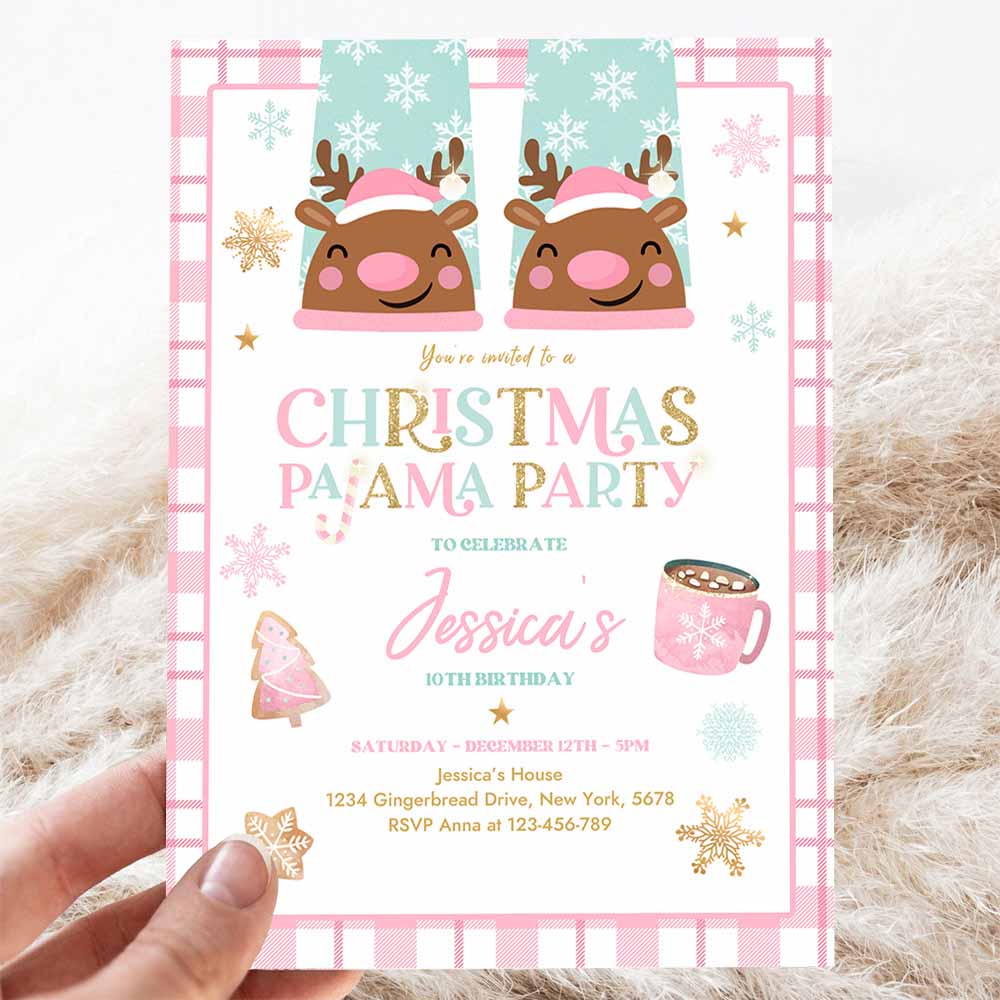 Christmas Pajama Party Invitation Girly Pink Gold Slumber Party Invitation Holiday Pajama Party